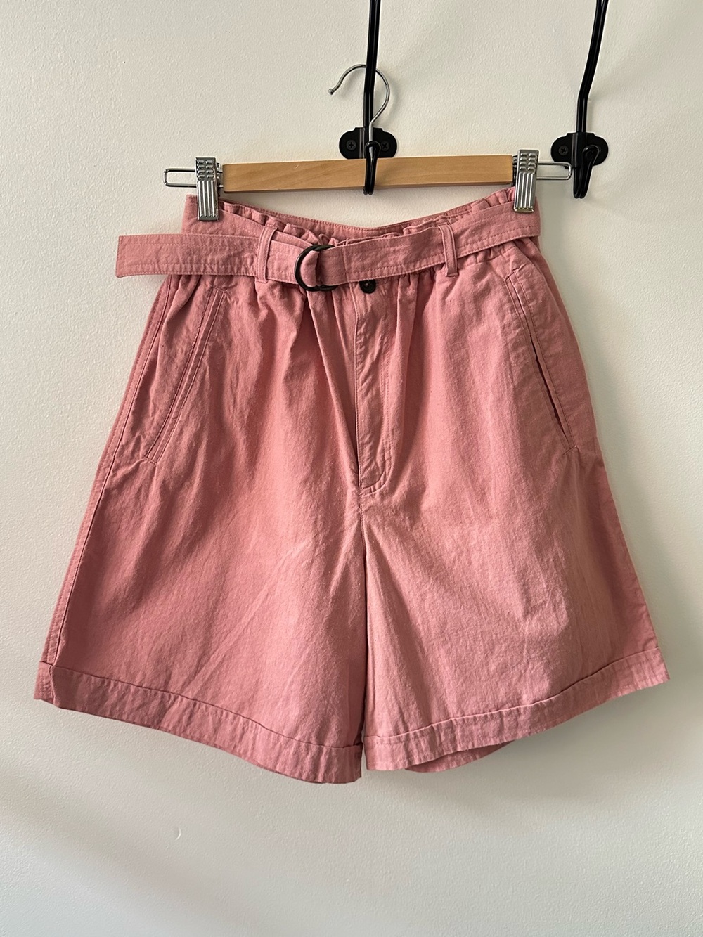 Vintage High-Rise Belted Pink Cotton Bermuda Shorts Jorts